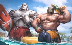 Rule 34 | 2boys, abs, absurdres, alternate costume, animal ears, arknights, bara, blue male swimwear, bulge, chest tattoo, clothes lift, commission, crossover, feet out of frame, furry, furry male, gun, helmet, highres, holding, holding gun, holding surfboard, holding weapon, large hands, large pectorals, lindong, looking at viewer, male focus, male swimwear, mature male, mountain (arknights), multiple boys, muscular, muscular male, navel, nipples, over shoulder, pectorals, rainbow six siege, red male swimwear, scar, scar across eye, scar on arm, scar on face, scar on stomach, second-party source, shirt lift, short hair, stomach, surfboard, swim trunks, tachanka (rainbow six siege), tank top, tattoo, tiger boy, tiger ears, topless male, wading, weapon, weapon over shoulder, wet, wet clothes, white fur, white tank top, wristband