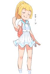 Rule 34 | 1girl, backpack, bag, blonde hair, blunt bangs, blush, blush stickers, braid, clenched hand, closed eyes, creatures (company), cropped legs, female focus, french braid, game freak, hand up, happy, highres, legs apart, lillie (pokemon), miniskirt, nintendo, nyonn24, pleated skirt, pokemon, pokemon sm, ponytail, shirt, short sleeves, simple background, skirt, smile, smug, socks, solo, standing, text focus, translated, white background, white shirt, white skirt, white socks