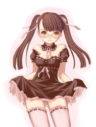 Rule 34 | 1girl, bare shoulders, breasts, brown eyes, brown hair, cleavage, cowboy shot, detached collar, dress, glasses, goth fashion, kimidorin, original, ribbon-trimmed clothes, ribbon-trimmed legwear, ribbon trim, simple background, solo, thighhighs, twintails, white thighhighs