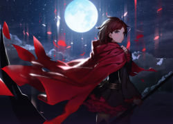 Rule 34 | 1girl, above clouds, absurdres, arm at side, belt, black dress, black pantyhose, brown eyes, brown hair, cloak, cloud, cowboy shot, dress, eyelashes, from side, full moon, highres, holding, holding weapon, hood, hood down, hooded cloak, izumi sai, light rays, long sleeves, looking to the side, moon, moonlight, night, night sky, pantyhose, parted bangs, petals, rose petals, ruby rose, rwby, scythe, short hair, sky, solo, star (sky), weapon, wide sleeves, wind