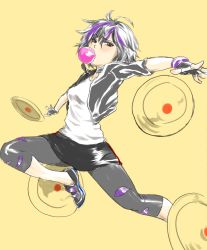 Rule 34 | 1girl, big hero 6, black hair, brown eyes, blowing bubbles, capri pants, chewing gum, cropped jacket, disc, fingerless gloves, gloves, gogo tomago, jumping, marvel, multicolored hair, outstretched hand, pants, purple hair, shoes, short hair, skirt, sneakers, solo, two-tone hair, weapon, yellow background, zero (meme zero)