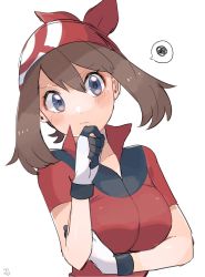 Rule 34 | 1girl, bandana, blouse, blush, breasts, brown hair, closed mouth, collared shirt, commentary request, creatures (company), eyelashes, game freak, gloves, grey eyes, hand on own chin, hand up, highres, may (pokemon), medium hair, nintendo, pokemon, pokemon rse, red bandana, red shirt, ririmon, shirt, short sleeves, signature, simple background, solo, spoken squiggle, squiggle, stroking own chin, thinking, upper body, white background, white gloves