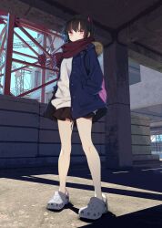 Rule 34 | 1girl, bare legs, bare legs girl (kamizaki hibana), black hair, black skirt, blue jacket, blue sky, building, commentary request, crocs, day, expressionless, full body, fur collar, hands in pockets, jacket, kamizaki hibana, looking at viewer, miniskirt, no socks, one side up, open clothes, open jacket, original, outdoors, pink eyes, scarf, short hair, skirt, sky, solo, sweater, white sweater