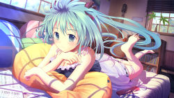 Rule 34 | 1girl, barefoot, blue eyes, blue hair, blush, breasts, cleavage, feet, guitar, hatsune miku, highres, hirokoza, indoors, instrument, leg up, long hair, lying, matching hair/eyes, musical note, on stomach, pen, pillow, shelf, shirt, skirt, small breasts, smile, solo, vocaloid, window