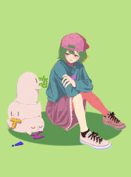 Rule 34 | 1girl, amano yae, animal tower, arms on knees, backwards hat, baseball cap, bird, black socks, blue sweater, blush, brown footwear, commentary request, copyright name, crossed arms, dosukoi! (napoli no otokotachi), full body, green background, green eyes, green hair, hair ornament, hairclip, hat, highres, long sleeves, looking at animal, looking to the side, napoli no otokotachi, pink nails, print sweater, purple skirt, shoes, simple background, sitting, skirt, smile, sneakers, socks, solo, sweater, yoshino (540desu)