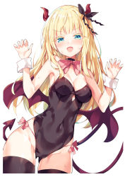 Rule 34 | 1girl, :d, alternate costume, bare shoulders, black choker, black leotard, black ribbon, black thighhighs, blonde hair, blue eyes, blush, bow, breasts, choker, claw pose, cleavage, collarbone, colored eyelashes, demon girl, demon horns, demon tail, demon wings, fingernails, groin, hair ribbon, hands up, highleg, highleg leotard, highres, horns, juliet persia, kishuku gakkou no juliet, leotard, long hair, medium breasts, open mouth, red bow, red wings, ribbon, simple background, smile, solo, strapless, strapless leotard, tail, thighhighs, unacchi (nyusankin), v-shaped eyebrows, very long hair, white background, wings, wrist cuffs