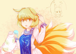 Rule 34 | 1girl, animal ears, blonde hair, breasts, dress, fox ears, fox tail, furim, hat, unworn hat, unworn headwear, holding, holding clothes, holding ears, holding hat, long sleeves, looking at viewer, multiple tails, ofuda, open mouth, short hair, simple background, slit pupils, solo, speech bubble, tabard, tail, tan background, touhou, yakumo ran, yellow eyes