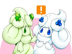 Rule 34 | !, alcremie, alcremie (berry sweet), alcremie (clover sweet), alcremie (matcha cream), alcremie (mint cream), blue eyes, blueberry, blush, commentary request, creatures (company), eye contact, food, fruit, game freak, gen 8 pokemon, green eyes, looking at another, nintendo, pink background, pokemon, pokemon (creature), sazeka (pixiv354189), spoken exclamation mark, standing, upper body