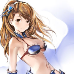 Rule 34 | 10s, 1girl, armor, bare shoulders, beatrix (granblue fantasy), bikini, bikini armor, blue gloves, blush, breasts, brown eyes, brown hair, cleavage, closed mouth, detached collar, elbow gloves, frilled bikini, frills, gloves, granblue fantasy, hairband, long hair, medium breasts, nannacy7, navel, solo, stomach, swimsuit, upper body