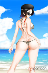 Rule 34 | 1girl, ass, bare shoulders, beach, beret, bikini, black eyes, black hair, blue sky, blush, breasts, butt crack, camouflage, camouflage bikini, closed mouth, cloud, coco adel, day, from behind, gradient hair, hand on own ass, hat, highres, kimmy77, looking at viewer, looking back, medium breasts, multicolored hair, orange hair, outdoors, purple hair, rwby, short hair, side-tie bikini bottom, sky, smile, solo, standing, sunglasses, swimsuit, watermark