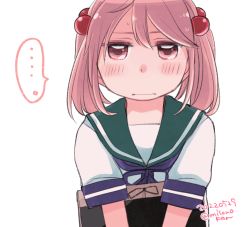Rule 34 | ..., 1girl, closed mouth, commentary request, dated, green sailor collar, hair bobbles, hair ornament, izumiyamisono, kantai collection, long hair, pink eyes, pink hair, sailor collar, sazanami (kancolle), school uniform, serafuku, short sleeves, twintails, twitter username, white background