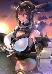 Rule 34 | 10s, 1girl, bare shoulders, blush, breasts, brown hair, cannon, cleavage cutout, clothing cutout, elbow gloves, evening, gloves, hair between eyes, headgear, japanese clothes, kantai collection, large breasts, long hair, looking at viewer, midriff, mugenshiki, nagato (kancolle), personification, red eyes, solo, sunset, weapon