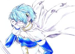 Rule 34 | 10s, 1girl, armband, blue hair, cape, clenched teeth, closed eyes, crying, gloves, hair ornament, hairclip, hand on own face, magical girl, mahou shoujo madoka magica, mahou shoujo madoka magica (anime), miki sayaka, short hair, solo, sukanchi, sword, tears, teeth, torn cape, torn clothes, traditional media, weapon