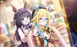 2girls ahoge alternate_costume animal_ears bad_link beret black_hair blonde_hair blush braid breasts crown_braid glasses hair_ornament hat horse_ears horse_girl medium_breasts multicolored_hair multiple_girls neo_universe_(like_&quot;zeer&quot;)_(umamusume) neo_universe_(umamusume) official_alternate_costume official_art open_mouth portrait ribbon smile sparkle two-tone_hair umamusume zenno_rob_roy_(inlaid_stories)_(umamusume) zenno_rob_roy_(umamusume)