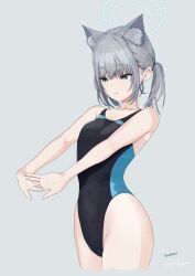 Rule 34 | 1girl, absurdres, animal ear fluff, animal ears, black one-piece swimsuit, blue archive, blue eyes, breasts, commentary request, competition swimsuit, covered navel, cowboy shot, cropped legs, cross hair ornament, extra ears, grey background, grey hair, hair ornament, halo, highres, low ponytail, medium breasts, medium hair, mismatched pupils, multicolored clothes, multicolored swimsuit, official alternate costume, one-piece swimsuit, partial commentary, shiroko (blue archive), shiroko (swimsuit) (blue archive), solo, stretching, swimsuit, tsuzuki yakumo, wolf ears