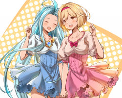 Rule 34 | 2girls, :d, ^ ^, ahoge, bad id, bad pixiv id, blonde hair, blue hair, blue skirt, blush, closed eyes, djeeta (granblue fantasy), closed eyes, granblue fantasy, hairband, holding hands, interlocked fingers, long hair, lyria (granblue fantasy), multiple girls, nekogohan, open mouth, pink hairband, pink skirt, puffy short sleeves, puffy sleeves, short hair, short sleeves, skirt, smile, standing, yellow eyes