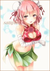 Rule 34 | 1girl, bad id, bad pixiv id, bandaged arm, bandages, bare shoulders, breasts, cleavage, cleavage cutout, clothing cutout, colored pencil (medium), double bun, flower, hair bun, ibaraki kasen, large breasts, leaning forward, looking at viewer, marker (medium), navel, parted lips, pink eyes, pink hair, potto, potto (minntochan), red flower, red ribbon, red rose, ribbon, rose, sample watermark, sarong, smile, solo, standing, touhou, traditional media, watermark