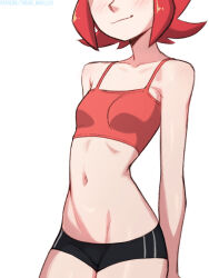 Rule 34 | 1girl, black shorts, blush, breasts, collarbone, head out of frame, highres, navel, red hair, red sports bra, short hair, short shorts, shorts, small breasts, smile, sports bra, standing, tobias wheller, white background