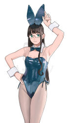 1girl absurdres alternate_costume animal_ears black_hair blue_bow blue_bowtie blue_leotard bow bowtie breasts closed_mouth fake_animal_ears glasses green_eyes grey_pantyhose hand_on_own_hip highres kantai_collection leotard long_hair looking_at_viewer ojipon ooyodo_(kancolle) pantyhose playboy_bunny rabbit_ears simple_background small_breasts solo white_background wrist_cuffs