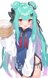 Rule 34 | 1girl, bamboo steamer, baozi, blue dress, blush, braid, bug, butterfly, chinese clothes, double bun, dress, floral print, food, gradient hair, green hair, hair bun, hair ornament, highres, hololive, insect, long hair, long sleeves, looking at viewer, multicolored hair, open mouth, panties, pink hair, red eyes, side-tie panties, solo, thighhighs, thighs, underwear, uruha rushia, virtual youtuber, white sleeves, white thighhighs, x hair ornament, yoru no yayoi