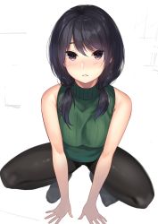 Rule 34 | 1girl, black hair, black pantyhose, blush, breasts, green sweater, hair between eyes, highres, kagematsuri, long hair, looking at viewer, low twintails, medium breasts, mole, mole under eye, original, pantyhose, parted lips, purple eyes, ribbed sweater, sleeveless, solo, spread legs, squatting, sweater, thighband pantyhose, thighs, tsurime, turtleneck, turtleneck sweater, twintails, white background
