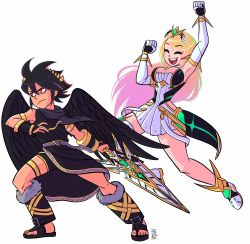 Rule 34 | bare legs, bare shoulders, blonde hair, breasts, chest jewel, cleavage, cleavage cutout, clothing cutout, crossover, dark pit, dress, earrings, elbow gloves, gloves, highres, jaliet exe, jewelry, kid icarus, kid icarus uprising, large breasts, long hair, mythra (xenoblade), nintendo, short dress, swept bangs, thigh strap, tiara, very long hair, white dress, white footwear, white gloves, xenoblade chronicles (series), xenoblade chronicles 2