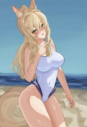 Rule 34 | 1girl, animal ears, arknights, beach, blonde hair, competition swimsuit, horse ears, horse girl, horse tail, lyib, nearl (arknights), one-piece swimsuit, swimsuit, tail, yellow eyes