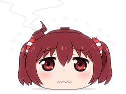 Rule 34 | 1girl, blush, closed mouth, commentary request, ebina nana, flying sweatdrops, hair between eyes, hair ornament, head, himouto! umaru-chan, red eyes, red hair, shirosato, solo, steam, teapot, twintails, wavy mouth, white background