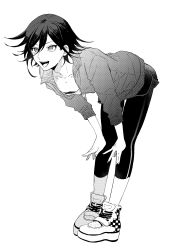 1boy absurdres bent_over collarbone danganronpa_(series) danganronpa_v3:_killing_harmony flipped_hair full_body greyscale hair_between_eyes hands_on_own_knees highres jersey leggings long_sleeves male_focus monochrome moti_gome0023 oma_kokichi shoes short_hair shorts simple_background sketch sneakers solo white_background