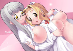 Rule 34 | 2girls, blonde hair, blush, breasts, brown eyes, character request, copyright request, dress shirt, glasses, grey hair, hair ornament, huge breasts, kei jiei, large breasts, looking at viewer, multiple girls, nipples, no bra, open clothes, open mouth, open shirt, shirt, smile, yellow eyes, yuri