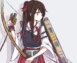 Rule 34 | 10s, 1girl, akagi (kancolle), alternate hairstyle, bad id, bad pixiv id, berukko, bow (weapon), brown eyes, brown hair, flight deck, highres, kantai collection, muneate, personification, ponytail, skirt, solo, weapon