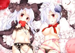 Rule 34 | 2girls, animal ears, azur lane, bed sheet, black cloak, black hat, black panties, blush, bolt (hardware), bow, bowtie, box, breasts, cat ears, chihiro (khorosho), cleavage, cloak, covered mouth, cross, cross necklace, detached sleeves, erebus (azur lane), fingernails, flower, frilled pillow, frills, fur-trimmed cloak, fur trim, garter belt, gift, groin, hair between eyes, hair over one eye, hat, heart-shaped box, holding, holding gift, jewelry, large breasts, latin cross, long hair, long sleeves, looking at viewer, lying, messy hair, multiple girls, navel, necklace, on back, panties, parted lips, petals, pillow, pink flower, polka dot, polka dot pillow, red eyes, red neckwear, side-tie panties, sleeves past fingers, sleeves past wrists, small breasts, tears, terror (azur lane), underwear, untied panties, very long hair, white hair, white panties, wrist cuffs