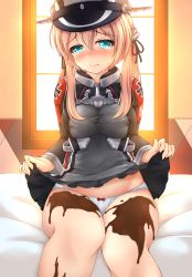 Rule 34 | 10s, 1girl, blonde hair, blue eyes, blush, bow, bow panties, chocolate, clothes lift, gloves, hat, highres, kantai collection, military, military uniform, panties, peaked cap, prinz eugen (kancolle), skirt, skirt lift, solo, tears, underwear, uniform, utahane, white gloves, white panties