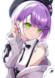 Rule 34 | 1girl, absurdres, beret, black bow, black hat, blush, bow, collared shirt, commentary, demon tail, ear piercing, earrings, green eyes, grey jacket, hair ornament, hairclip, hand up, hat, highres, hololive, jacket, jewelry, long sleeves, looking at viewer, multicolored hair, off shoulder, official alternate costume, open clothes, open jacket, parted lips, pension z, piercing, pink hair, purple hair, shirt, short hair, simple background, sleeveless, sleeveless shirt, solo, streaked hair, tail, tail ornament, tail piercing, tokoyami towa, upper body, virtual youtuber, white background, white shirt, x hair ornament