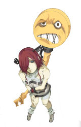 Rule 34 | a.b.a, angry, arc system works, bandages, blood, blue eyes, chain, fingerless gloves, gloves, guilty gear, hair over one eye, homunculus, key, key in head, object through head, pale skin, paracelsus (guilty gear), pos (shiratama-ya), pout, red hair, short hair, shorts, solo