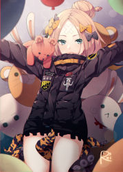 Rule 34 | 1girl, abigail williams (fate), abigail williams (traveling outfit) (fate), absurdres, arms up, balloon, bandaid, bandaid on face, bandaid on forehead, belt, black bow, black jacket, blonde hair, blue eyes, blush, bow, crossed bandaids, fate/grand order, fate (series), forehead, fou (fate), hair bow, hair bun, heroic spirit traveling outfit, high collar, highres, hip focus, jacket, light smile, long hair, long sleeves, looking at viewer, medjed (fate), official alternate costume, orange bow, parted bangs, polka dot, polka dot bow, rei (pixiv 187780), single hair bun, smile, solo, stuffed animal, stuffed toy, teddy bear, tentacles, thighs