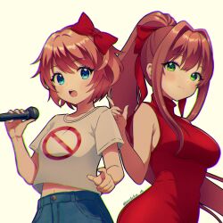 2girls blue_eyes bow boyfriend_(friday_night_funkin&#039;) boyfriend_(friday_night_funkin&#039;)_(cosplay) breasts brown_hair chromatic_aberration cosplay crop_top doki_doki_literature_club dress friday_night_funkin&#039; girlfriend_(friday_night_funkin&#039;) girlfriend_(friday_night_funkin&#039;)_(cosplay) green_eyes highres holding holding_microphone long_hair looking_at_viewer medium_breasts microphone milcha_16 monika_(doki_doki_literature_club) multiple_girls navel photo_(medium) red_bow red_dress sayori_(doki_doki_literature_club) shirt short_hair sideboob simple_background white_background white_shirt