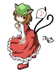 Rule 34 | 1girl, animal ears, brown eyes, brown hair, cat ears, cat girl, cat tail, chen, earrings, fechirin, female focus, hat, jewelry, multiple tails, musical note, short hair, simple background, smile, solo, speech bubble, spoken musical note, tail, touhou, white background