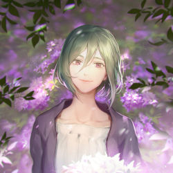 Rule 34 | 1girl, flower, green hair, hair between eyes, kagerou project, kido tsubomi, leaf, leclle, looking at viewer, aged up, plant, purple eyes, short hair, solo