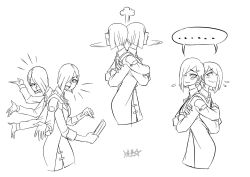 Rule 34 | 1girl, arguing, collar, crossed arms, extra arms, eye contact, closed eyes, greyscale, hair over one eye, looking at another, monochrome, multiple heads, necktie, one eye covered, original, pout, ryuusei (mark ii), skirt, smile