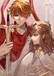Rule 34 | 1boy, 1girl, blood, bloody weapon, brown eyes, brown hair, closed mouth, green eyes, hair over one eye, highres, holding, holding sword, holding weapon, long hair, looking at viewer, luke pearce (tears of themis), open mouth, qeanoya, red scarf, rosa (tears of themis), scarf, shirt, short hair, sword, tears of themis, weapon, white shirt