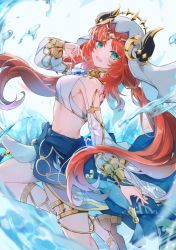 Rule 34 | 1girl, :d, aqua eyes, breasts, brooch, clothing cutout, crop top, floating hair, genshin impact, gladiator sandals, highres, horns, jewelry, long sleeves, looking at viewer, medium breasts, midriff, neck ring, nilou (genshin impact), non koto27, open mouth, puffy long sleeves, puffy sleeves, red hair, sandals, smile, solo, thighlet, thighs, twintails, veil, water
