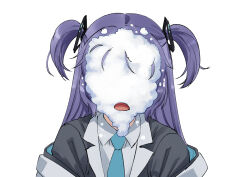 Rule 34 | 1girl, black jacket, blue archive, blue necktie, commission, covered face, cream, cream on face, facing viewer, food, food on face, in the face, ishii hisao, jacket, long hair, necktie, pie in face, purple hair, shirt, simple background, skeb commission, solo, two side up, white background, white shirt, yuuka (blue archive)