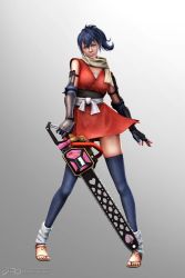 Rule 34 | 1girl, 3d, arm guards, blue hair, chainsaw, cosplay, feet, juliet starling, lollipop chainsaw, manyuu chifusa, manyuu chifusa (cosplay), manyuu hikenchou, official art, scarf, thighhighs