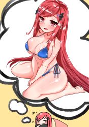 Rule 34 | 1girl, :3, = =, absurdres, airplane hair ornament, alternate breast size, bikini, blush, breast envy, breasts, chibi, cleavage, dreaming, full body, highres, jjehong, large breasts, last origin, looking at viewer, night angel (last origin), red eyes, red hair, simple background, sitting, sleeping, smile, solo, string bikini, swimsuit, tears, wariza, yellow background, zzz