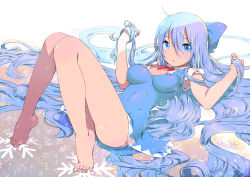 Rule 34 | 1girl, absurdly long hair, ass, bad id, bad pixiv id, bare legs, barefoot, blue dress, blue eyes, blue hair, blue skirt, bow, breasts, cirno, commentary request, dress, feet, full body, hair bow, hands in hair, large breasts, long hair, looking at viewer, lying, matching hair/eyes, aged up, on back, open mouth, puffy sleeves, shirt, short sleeves, skirt, solo, toes, touhou, undersized clothes, very long hair, yamada ranga