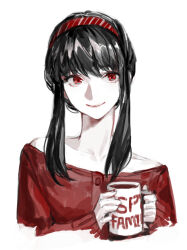 Rule 34 | 1girl, bad neck, black hair, carol0905, closed mouth, collarbone, cup, hairband, holding, holding cup, long hair, long sleeves, mug, off-shoulder shirt, off shoulder, red eyes, red hairband, red shirt, shirt, sidelocks, smile, solo, spy x family, upper body, yor briar