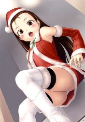 Rule 34 | 00s, 1girl, :o, bare shoulders, boots, brown eyes, brown hair, detached sleeves, dutch angle, female focus, hat, highres, idolmaster, idolmaster (classic), long hair, minase iori, open mouth, panties, pantyshot, santa hat, solo, tanaka shoutarou, thigh boots, thighhighs, underwear, white panties