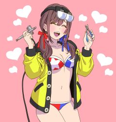 Rule 34 | 1girl, airbrush, bikini, blue ribbon, blush, breasts, brown hair, cleavage, closed eyes, commentary, cowboy shot, goggles, goggles on head, hair over shoulder, hair ribbon, head tilt, heart, highres, holding, jacket, light blush, lips, long sleeves, medium breasts, medium hair, navel, no pants, open clothes, open jacket, open mouth, original, pink background, print bikini, red ribbon, ribbon, smile, solo, standing, star (symbol), star print, swimsuit, twintails, two-tone bikini, wire cutters, yamashita shun&#039;ya, yellow jacket