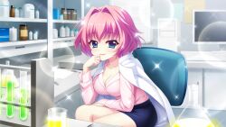 Rule 34 | 1girl, aged up, black skirt, blue eyes, bottle, breasts, chemicals, cleavage, coat, coat on shoulders, collarbone, computer, crossed legs, dot nose, erlenmeyer flask, film grain, flask, game cg, hair intakes, hand on lap, hand on own face, hard drive, hiiragi kae, hunched over, indoors, izumi tsubasu, lab coat, laboratory, large breasts, lens flare, long sleeves, looking at viewer, monitor, non-web source, official art, on chair, open mouth, pink hair, pink shirt, re:stage!, shelf, shirt, short hair, sitting, skirt, smile, solo, sparkle, test tube, test tube rack